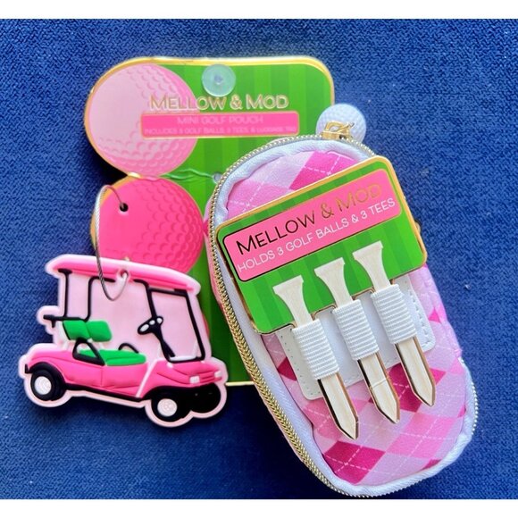 Pink Mini GOLF Pouch Bag Set Tag 3 Balls +Tees Golfer Gift Mellow & Mod Sports - Picture 1 of 8
